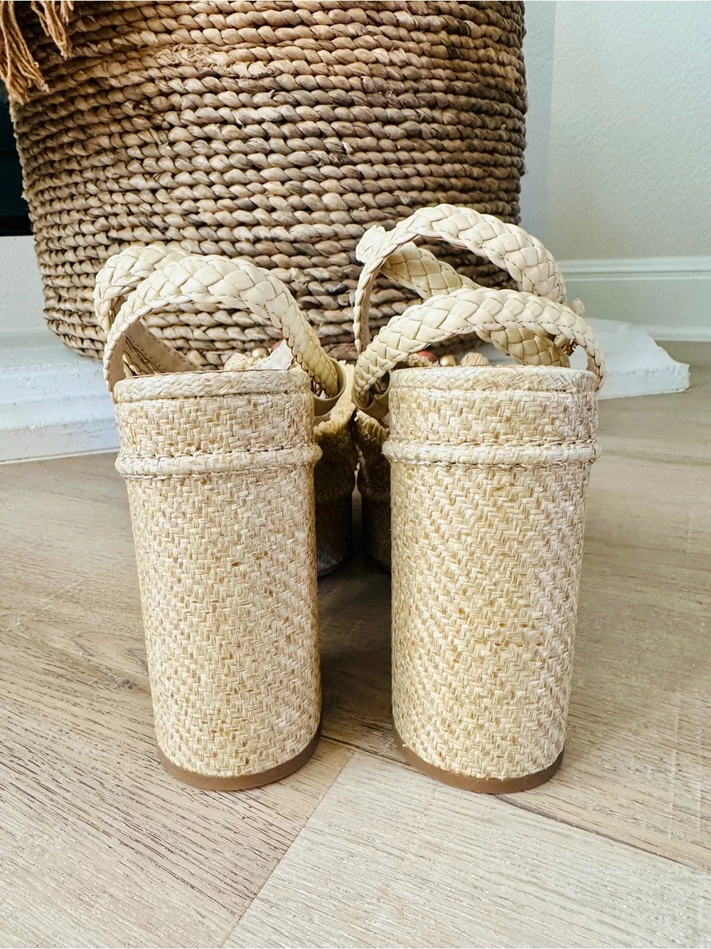 Sam Edelman Tate Woven Natural Raffia Beaded Platform Sandals